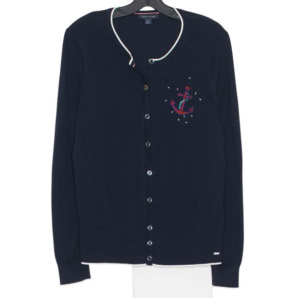 Tommy Hilfiger Cardigan Anchor Beaded Nautical Coastal Preppy Retro Blue Large - Picture 1 of 6